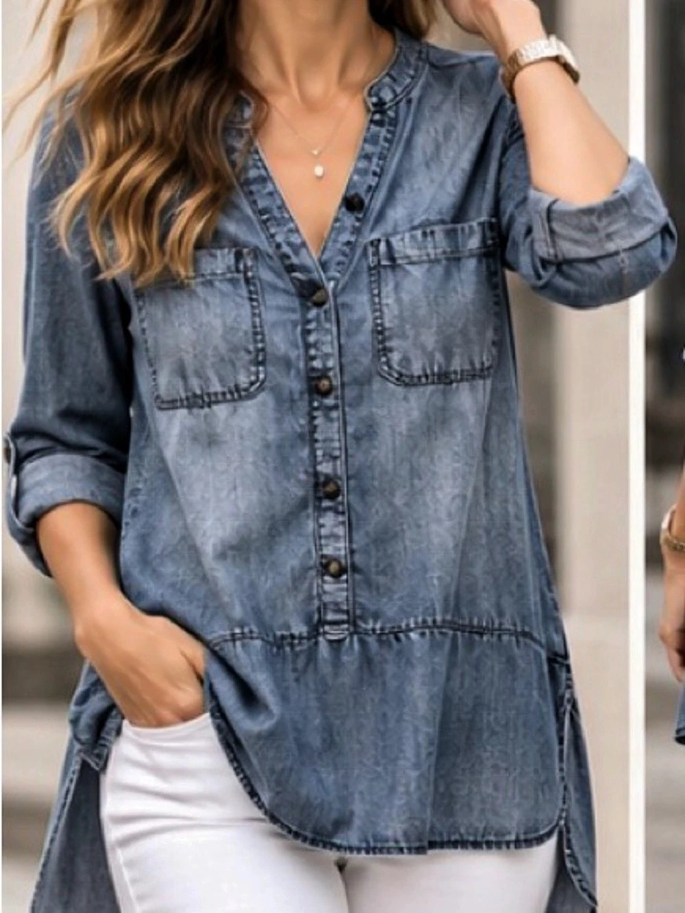 20.5 Reitmans Denim Tunic Blouse Blue Medium Like New